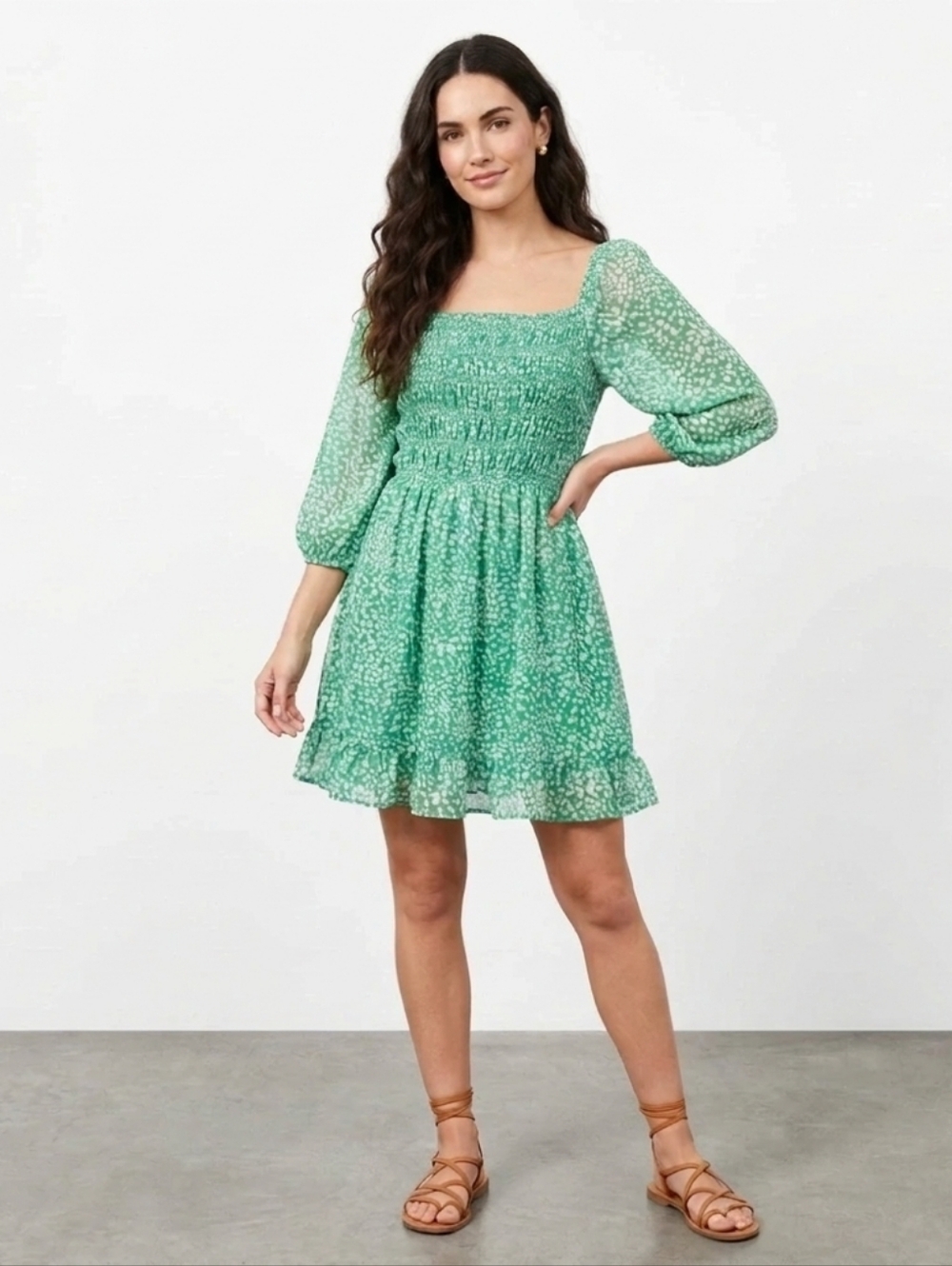 Sienna Sky Green Floral Smocked Dress Balloon Sleeve Square Neck